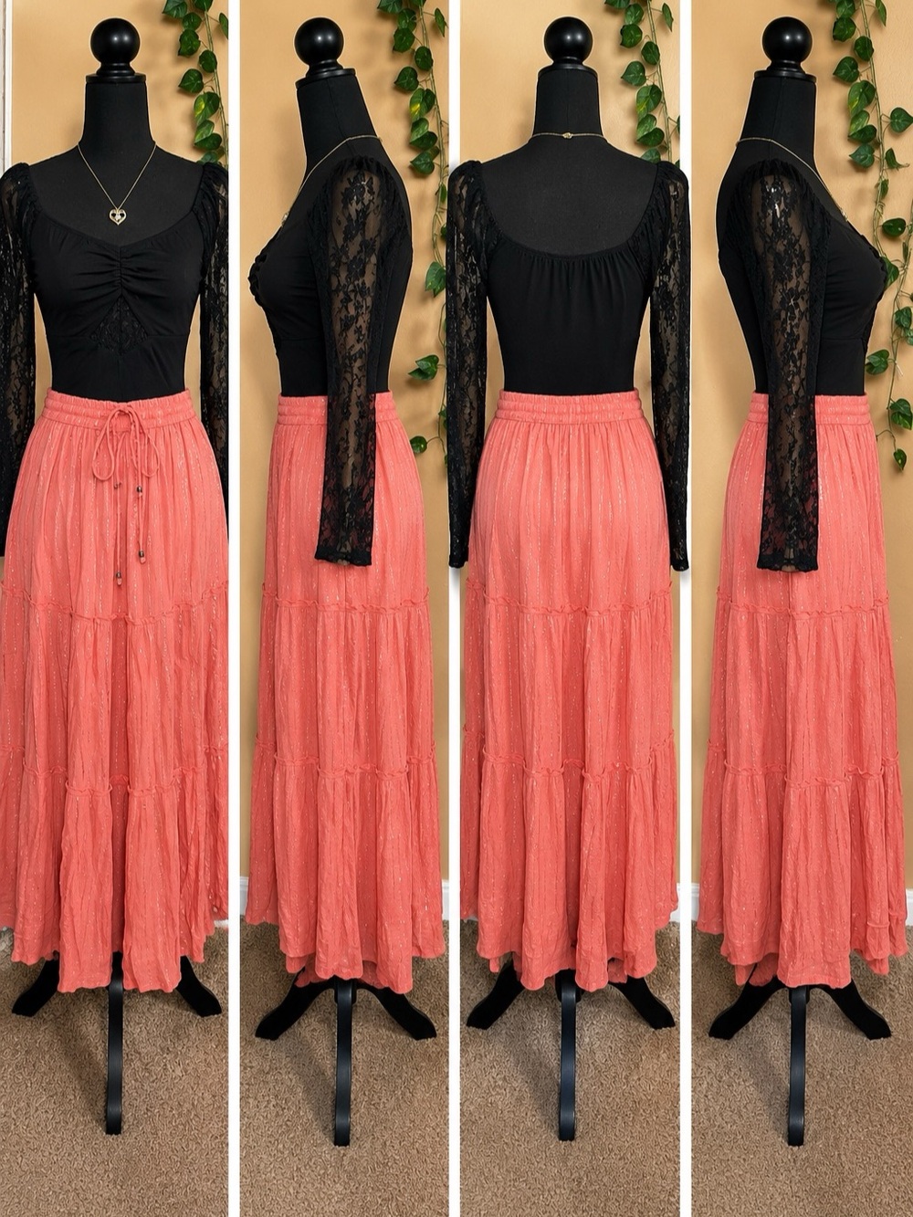 Mlle Gabrielle Coral Tiered Maxi Skirt Size S